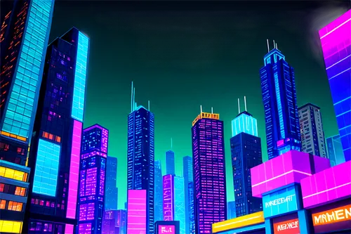 Digital background, futuristic cityscape, neon lights, skyscrapers, blurred windows, metallic surfaces, sleek lines, 3D rendering, low-angle shot, cinematic atmosphere, vibrant colors, high-tech archi