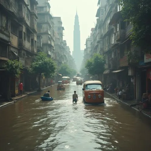 Extreme level view of flood in a city, vehicles are floating in the water, peoples walking through the water and passing through water using small boats, dirty water, hard situation,people wade throug