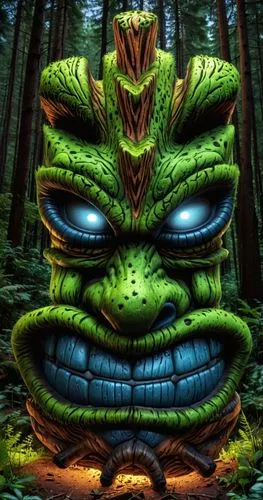 a green mask with two big blue eyes,frog background,forest man,swampy,the ugly swamp,forest animal,croaky,forest dragon,swamp,bog,ogre,forest king lion,clobbering,pygmy,cartoon video game background,f