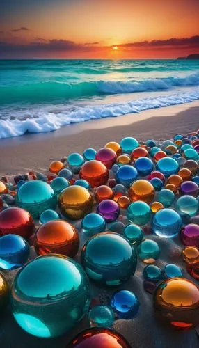 
there is a large group of glass balls on the beach, magical beach, turquoise ocean, beautiful ocean, fantasy sea landscape, magical ocean, turquoise horizon, serene colors, surreal colors, breathtaki