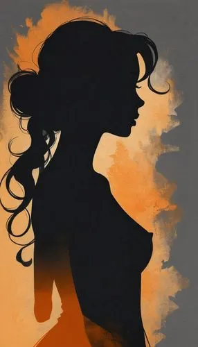 the drawings drawn were cute, in the style of feminine portraiture, golden light, soft gray, pensive poses, smokey background, soft orange and  black, light & shadow ,woman silhouette,women silhouette