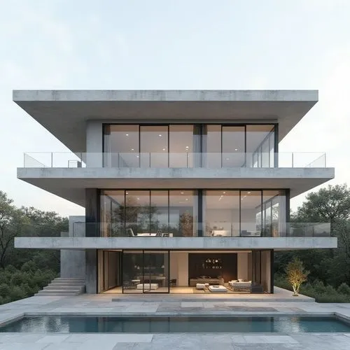 Three-story contemporary minimalist villa, exactly THREE full visible floors with identical heights, never two stories. Strong horizontal architecture with two interlocking volumes, elegant cantilever