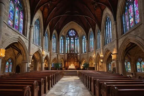 Ancient church, Gothic architecture, rose window, stained glass, intricate stone carvings, grand entrance, wooden pews, ornate altar, vaulted ceiling, flying buttresses, dramatic lighting, warm sunlig