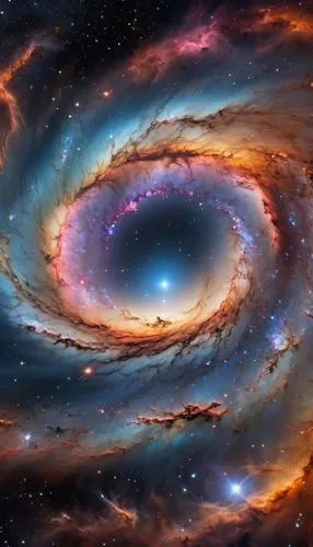 A breathtaking cosmic scene featuring a vibrant galaxy at the center, surrounded by swirling galaxies and vibrant nebulae. The black hole emits a radiant glow, illuminating the surrounding cosmic dust