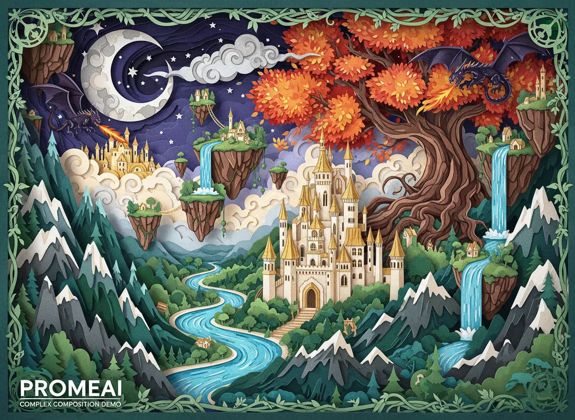 Un elaborato paesaggio fantasy in stile intaglio su carta, che dimostra la capacità di PromeAI di gestire composizioni complesse con molti elementi.