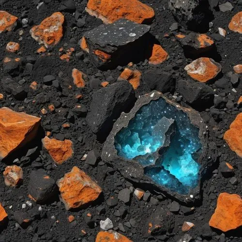 roccia spaccata nera con all'interno minerali  fluorescenti,small orange rocks and some very pretty blue water,topaz,meteorite,solidified lava,alumina,slag,apatite,opal,mineral,colored rock,lava stone