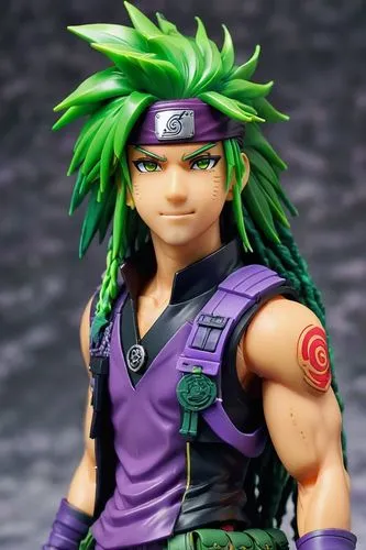 dnd aasimar, African Naruto anime character, fit build, long green dreads hair, which is styled in a wild and untamed manner, purple and green eyes, He wears a black and purple clock, anime style, mal