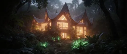Cinematic architectural photography of a near-fantastical house integrated with nature, glowing soft warm light, surreal lush gardens with oversized plants and glowing flora, ethereal atmosphere.,a ho