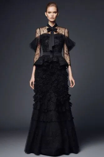 a  open shoulder  collar bow sleevless  gown ,a woman is wearing an elegant black gown,dress walk black,allude,a floor-length dress,tulle,couturier,evening dress,couturiers,dress form,black and lace,o
