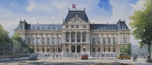 11-Palace-of-Justice-Thierry-Duval-Snippets-of Real-Life-in Watercolor-Paintings-www-designstack-co,watercolor paris,louvre,louvre museum,french building,paris,capitol,parliament of europe,palais de c