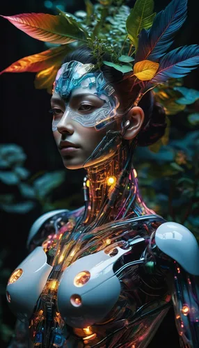 a female cyborg,cyborg,bjork,dryad,neon body painting,avatar,humanoid,biomechanical,cybernetics,ai,futuristic,aura,bodypaint,augmented,scifi,fantasy woman,the enchantress,valerian,3d fantasy,natura,ar