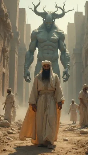 "An ultra-realistic, cinematic depiction of Hazrat Suleman (Alaihissalam) standing near a massive palace construction site. He appears as a strong, broad-shouldered Muslim figure fully dressed in flow