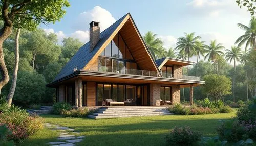 A beautiful one-story modern tropical house with a steep pointed roof, elegant wooden balcony, large glass windows, spacious veranda, natural stone walls, surrounded by lush green garden and colorful 