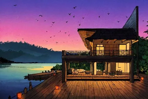 an illustration of the sunset over a dock,floating huts,houseboat,house by the water,house with lake,summer cottage,houseboats,cottage,boat house,stilt house,boathouse,house silhouette,dreamhouse,tree