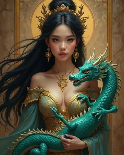 A regal woman in a richly embellished traditional dress, holding a vibrant green-blue colors dragon on her chest. The scene is set against a decorative, ornate background with intricate patterns and A