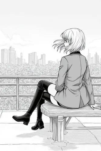 "Black and white manga illustration of a woman in black thigh-high boots sitting on a bench on a high school rooftop, with her school blazer resting on her shoulders. She gazes at the city skyline, wi