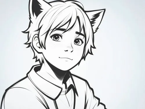 A minimalist anime-style character with realistic human proportions, featuring a boyish, medium-length haircut, cat ears, an upturned nose, and a human face. The artwork is an unfinished, rough black-