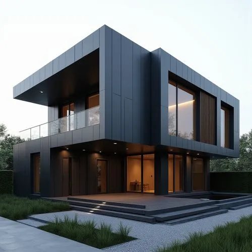 A hyper-realistic, high-resolution architectural photograph of a sleek, two-story modern residence with a minimalist, all-black exterior. The building’s façade is composed of smooth, matte metal panel