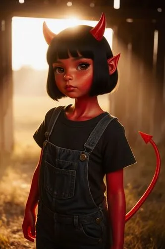 with horns and devilish hair stands in a dark tunnel,red cat,bedevil,doll cat,feral,devilish,little red riding hood,devilishly,deviltry,fire devil,wildfire,paprika,little cat,digital painting,rubber d