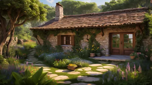 An intriguing house embodying the essence of the zodiac element earth; a cozy cottage nestled in a verdant valley, its earthen walls blending seamlessly with the surrounding landscape, the roof adorne