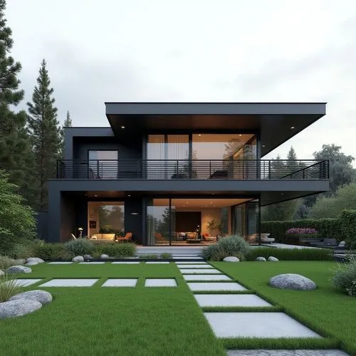 A sleek, contemporary two-story home composed of clean, geometric lines and a sophisticated monochromatic palette of charcoal, graphite, and soft gray. The façade features large windows framed by slim