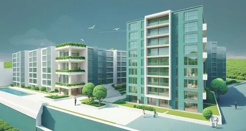 some tall buildings with green plants growing on the tops,leaseholds,property exhibition,redevelop,new housing development,multistory,apartment buildings,conveyancing,maisonettes,multifamily,apartment