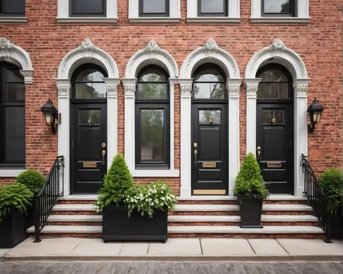 Row house, modern architecture, urban setting, brick facade, symmetrical composition, sloping roof, white window frames, black doors, ornate iron railings, lush greenery, flower boxes, cobblestone pav