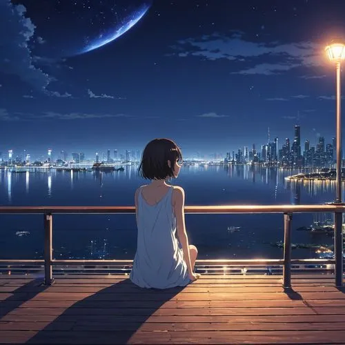 Anime girl sitting on a pier looking at the night city, Makoto Shinkai Cyril Roland, anime art wallpaper 4k, anime art wallpaper 4k, Anime Art Wallpapers 8K, Space Sky. por Makoto Shinkai, 4k anime wa