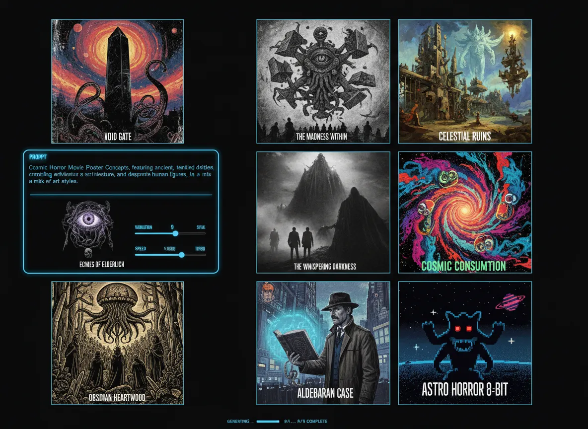 Un'interfaccia utente che mostra un singolo prompt che genera una griglia di nove diversi concept di poster Cosmic Horror, dimostrando una rapida ideazione.