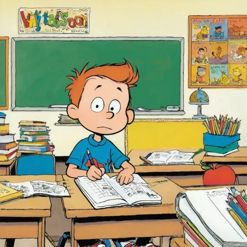 a boy in school，by Bill Watterson,recess,back to school,back-to-school,peter,school starts,tutoring,school enrollment,school start,peter i,animated cartoon,children's background,vincent van gough,scho