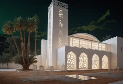 DISEÑO DE UNA MEZQUITA UBICADA EN ARGELIA, COMBINANDO ELEMENTOS DE LA ARQUITECTURA MINIMALISTA, FUSIONADOS CON LA ARQUITECTURA ISLAMICA, USO DE CELOSIAS CON DISEÑO ISLAMICO, MINARETE CON CRISTAL, PROT