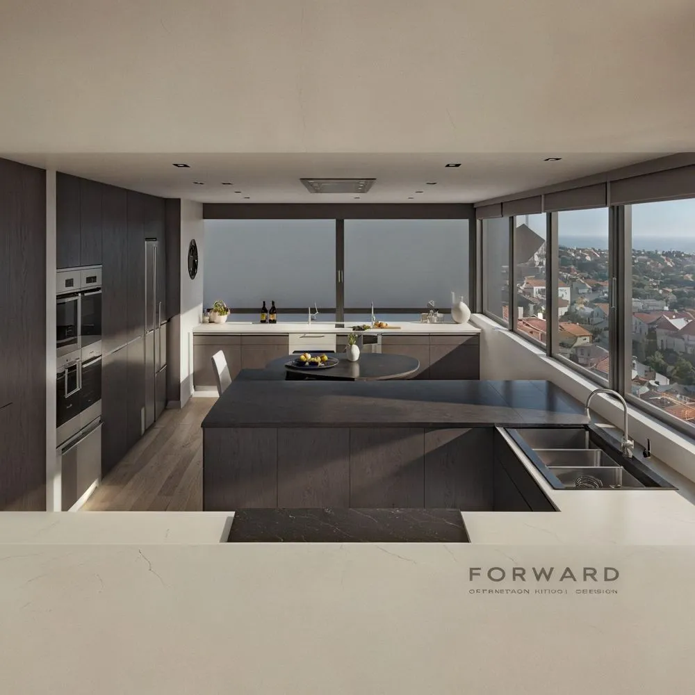 the kitchen has two large windows and a long counter