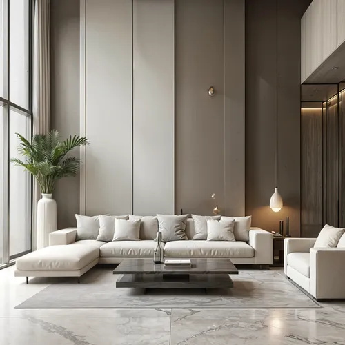 Room,  Modern, Modular grids, Polished terrazzo, frosted acrylic,a large living room with an l shaped couch,modern living room,contemporary decor,modern minimalist lounge,modern decor,minotti,luxury h