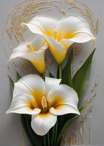 Two large, white cala dominate the picture, with circular, slightly open petals that are kept in a soft white. The petals are nuanced in different shades of white and cream, with a textured, almost re