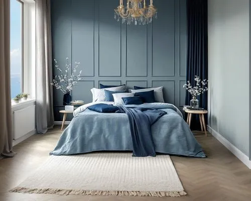 room,a bedroom with blue walls and a chandelier,blue room,mazarine blue,donghia,blue pillow,danish room,rovere