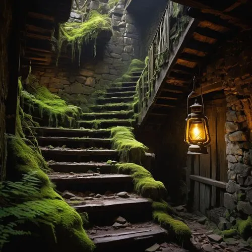 Ancient ore architecture, abandoned mine, old rusty machinery, wooden beams, stone walls, dimly lit, mysterious atmosphere, dusty air, cobwebs everywhere, broken lanterns, forgotten tools scattered ar
