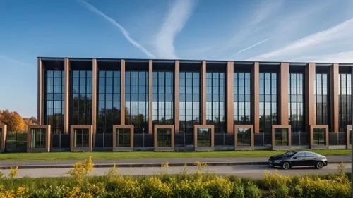 Photo realistic industrial building, blender render, vray render,achicad render ,a building is made of wood and glass,office building,headquarter,company headquarters,new building,company building,ass