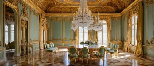 Rococo architectural style, ornate decorations, curved lines, golden accents, grand staircase, crystal chandelier, white marble floors, intricate moldings, lavish furnishings, velvet drapes, baroque p