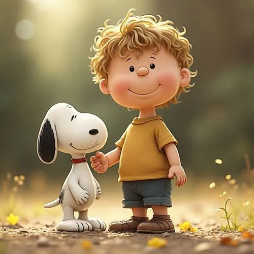 happy child in Peanuts Snoopy style with blurred background,the little boy is playing with the dog,boy and dog,cute cartoon image,the dog a hug,autumn walk,little boy and girl,cute cartoon character,f