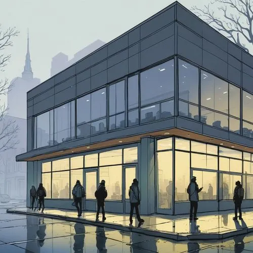 Architectural Illustration,glass facade,glass building,futuristic art museum,glass facades,aqua studio,modern office,school design,cubic house,ice rink,futuristic architecture,modern architecture,sky 