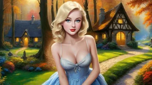 Romantic masterpiece oil painting, cute girl portrait, nostalgic 1950's style kitsch, breathtaking beautiful Autumn woods landscape, mystifying majestic fantasy forest park scenery, hidden medieval co