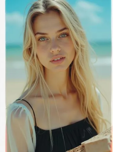 a portrait of a stunning 22-year-old caucasian young woman with long, flowing blonden hair, blue eyes, wearing a sheer white blouse and a black dress whit a neckline, standing in the serene sand of a