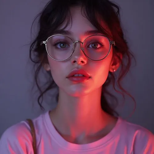 (((ultra realistic))) Photo, masterpiece, top quality, (pale skin), (Ultra detailed face and eyes:1.3), 1 girl, , in a T-shirt, ((Eye makeup, eyeglasses, pink mascara)), ((smile)), ((large detailed li