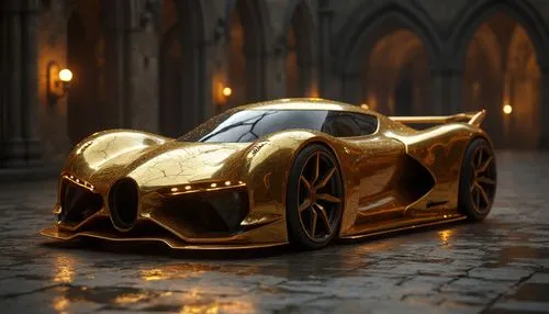 "Hyperrealistic solid gold hypercar concept, Gothic stone architecture backdrop, moody atmospheric lighting, premium 3D rendering, high contrast",a car covered in gold metallic and sitting on a tiled 