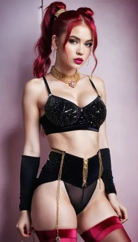 Garota 20 anos cabelo vermelho sangue rabo de cavalo amarrado para cima, olhos claro, lábios Carnudos rosa, Seios grandes, usando meia de braço vermelho escuro com cristais de diamantes, barriga sarad
