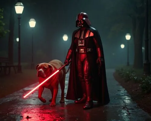 Darth Vader wearing a red Iron Man-style armored suit, glowing with subtle power lines and sleek metallic textures. He holds a glowing red lightsaber in one hand. His wrists are bound with long, heavy