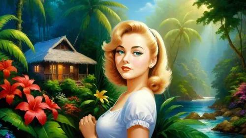 Romantic masterpiece oil painting, cute girl portrait, nostalgic 1950's style kitsch, vibrant rainforest bungalow landscape, lush tropical jungle paradise, summer beach scenery, by Thomas Kinkade, by 