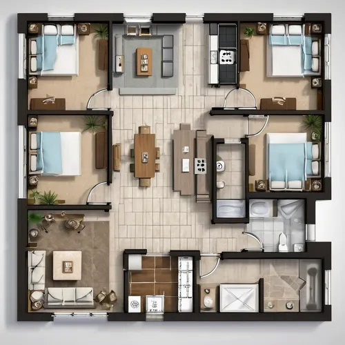 floor plan 56' wide by 30" deep master bedroom and master bathroom on one end of house, kitchen living room and dining room with pantry in the middle with two bedrooms and a bathroom on the other end,
