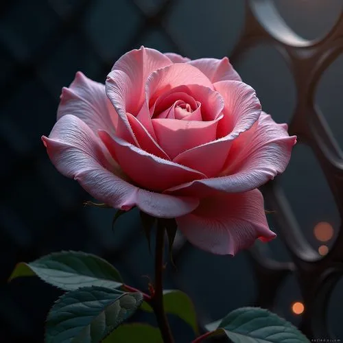 Capture the delicate beauty of a solitary pink rose against a dark, blurred background. Emphasize the intricate folds of the petals and the subtle sheen of moisture, suggesting early morning dew. High
