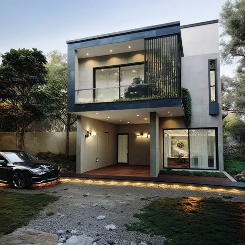 modern two story house with landscaping and black car,modern house,modern architecture,cube house,landscape design sydney,fresnaye,seidler,cubic house,modern style,eichler,neutra,mid century house,res
